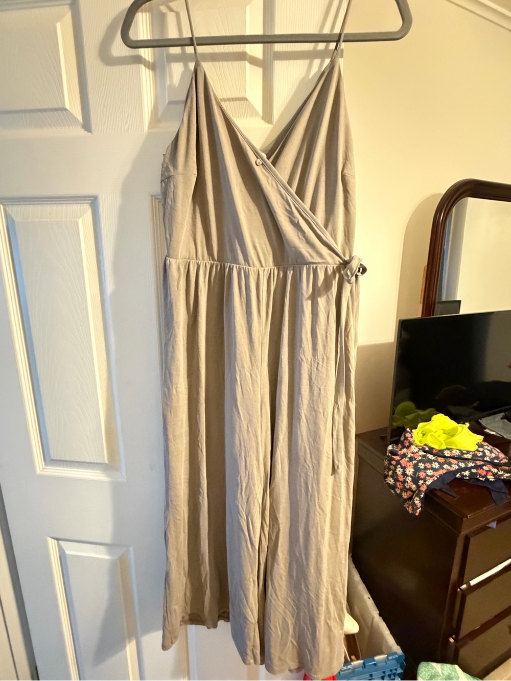 Sienna Sky Beige Wrap Maxi Dress with Thin Straps